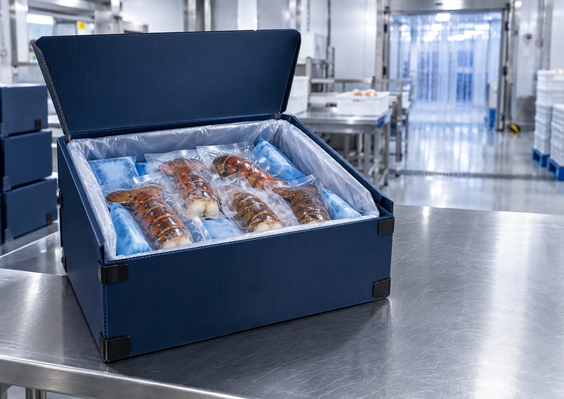 Open BEE ARMOR seafood cold-chain box with protected lobster product